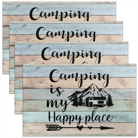 Lot de 4 sets de table pour camping-car, décoration de camping, voyage, voiture, résistant aux rayures, dessiné à la main, bois grunge rétro, pour salle à manger, vert sarcelle, bleu, 45 x 30 (1/4)