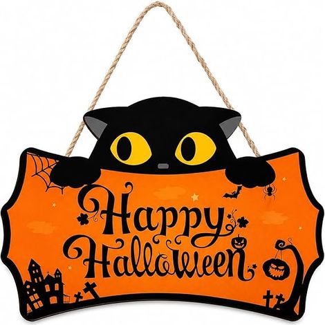 Panneau Bois Halloween Chat Noir Citrouille Fantôme, Décoration Intérieur Extérieur Résistante avec Corde Prête à Poser pour Fête Halloween (1/4)