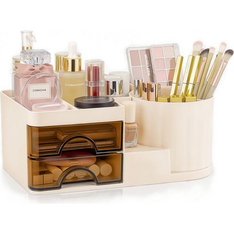 Caja de maquillaje giratoria de 360° con cajones: almacenamiento de belleza y cuidado de la piel para tocador, baño u oficina.