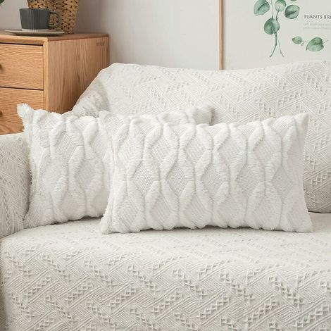 Set of 2 Soft Plush Woolen Cushion Covers, Pillow Case for Living Room Bedroom Sofa 30x50 cm White (1/4)