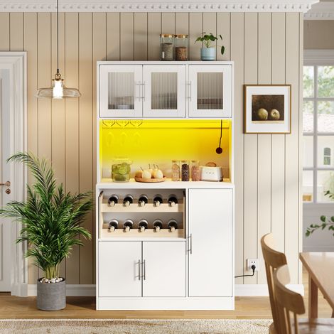 Credenza da cucina 100x40x180 cm con LED RGB e presa, portabicchieri e portabottiglie, MDF bianco (1/5)