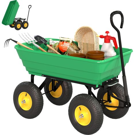 Outsunny 75 Litre Large Garden Cart, Tipping Wheelbarrows Heavy Duty Garden Dump Trolley 200kg Capacity for Festivals, Tools, Plants, Logs - Green