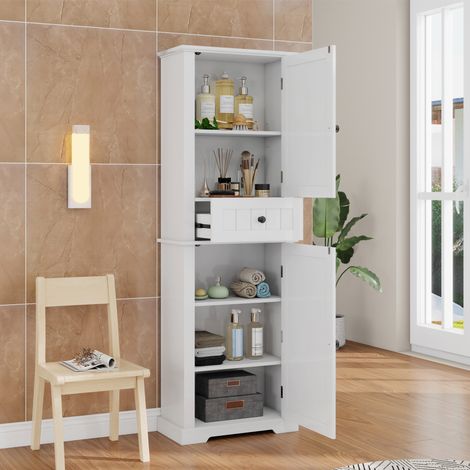 Mobile bagno a colonna in MDF bianco 56 cm con 2 ante, 1 cassetto e ripiani regolabili