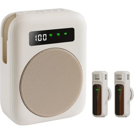 Amplificatore vocale wireless, amplificatore vocale portatile, mini amplificatore vocale con 2 microfoni a bavero per insegnanti, aule, riunioni, torri, amplificatori (beige)