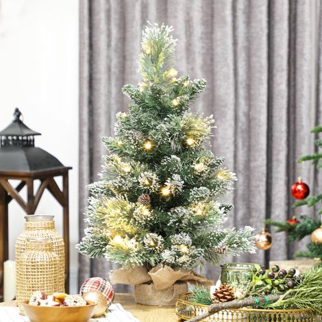 Albero di Natale artificiale da 60 cm, mini albero di Natale da tavolo innevato con 35 LED, pigne, a batteria, verde (1/5)