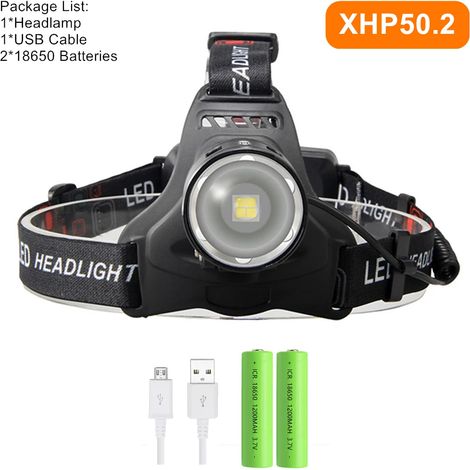 (Pack B) Lampe frontale LED puissante XHP70.2 XHP50.2 avec zoom, lampe torche, batterie 18650 rechargeable par USB, lanterne de pêche (1/5)