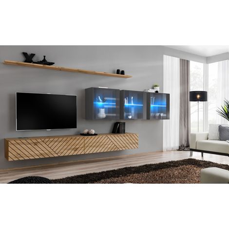 Ensemble de 7 meubles muraux "Switch XVII" pour TV en bois - Beige et Gris - L 340 x H 150 x P 40 cm - Livraison gratuite