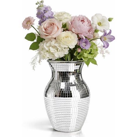 Vase en Mosaïque Miroir Style Boule à Facettes, Verre 20 cm pour Centre de Table, Décoration Intérieure, Argenté (1/5)