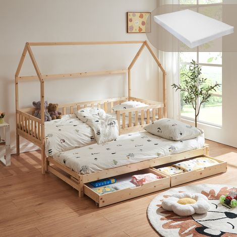 Cama con cama supletoria Aarghonmaa 2 cajones y colchón 90x200cm - Natural [en.casa]