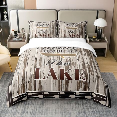Lac Maisons Literie Set Bois Antique 100% Coton Housse de Couette 200x200cm pour la décoration Lac Vie Parure de Lit Ferme décoration Ensemble de lit Chambre Ensemble de Literie - 200 x 200 cm + 2 tai (1/5)