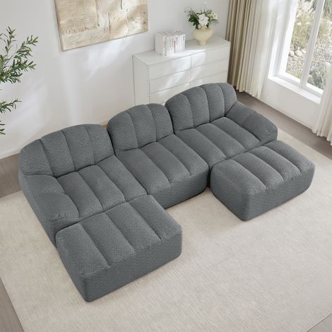 Canapé d'angle modulable 3 places en U, 2 poufs inclus, mousse HD 32D sans structure, assise spacieuse, tissu confortable gris, parfait pour séjour. (1/5)