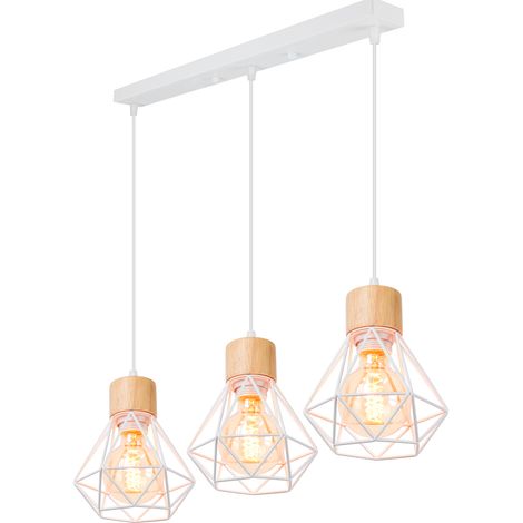 Lustre Suspension Industriel Vintage 3 Lumière Interieur, Lampe en Bois Métal Douille E27 Cage Diamant Rétro pour Salon Chambre Cuisine, E27 Blanc (1/5)