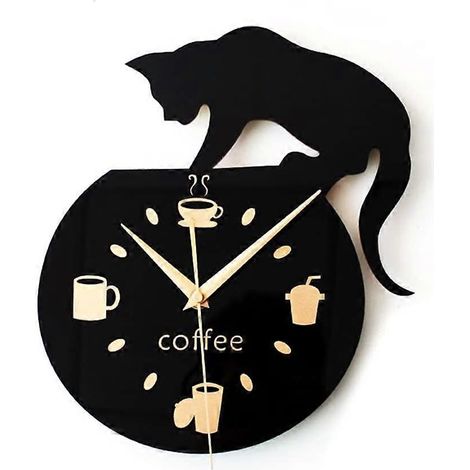 Horloge murale style dessin animé 2024 avec un chat grimpant, une tasse à café et l'inscription « Café ». (1/3)