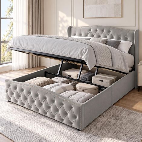 Polsterbett 140x200 cm mit Bettkasten hydraulisch, Doppelbett mit Knopfsteppung und Nietenverzierung, Samtstoff, Lattenrost, Grau (1/5)