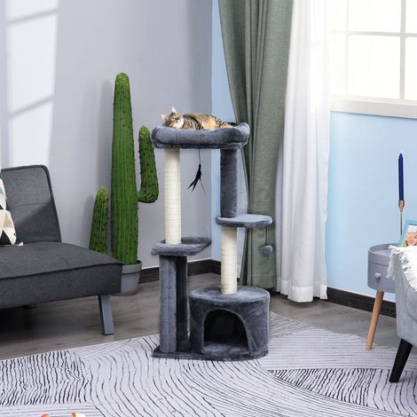Arbre à chat en sisal naturel, tour d'activité pour félins avec cachette, étagères et 2 souris suspendues, coloris gris (1/5)