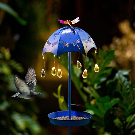 Support Pour Oiseaux - Nourrisseur Solaire En Fer Avec Lampe LED Goutte À Goutte Et Parapluie - Extérieur Jardin Cour Patio - 1 Pièce (1/5)