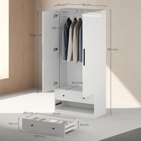 Armoire, 2 portes, penderie, tringle, 2 tiroirs, MDF, blanche (1/5)