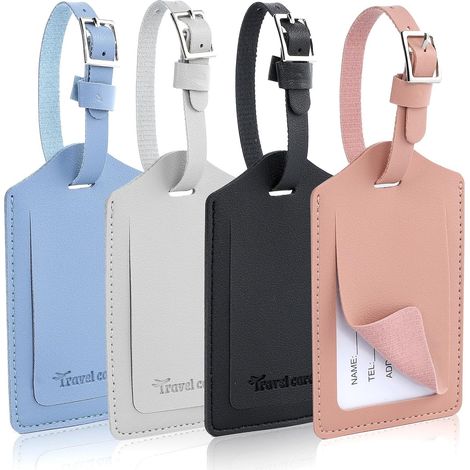 Lot de 4 Etiquette Valise en PU, Étiquette Bagage avec Boucle Réglable, Porte Etiquette Valise Inscriptible Nom Adresse, Luggage Tag pour Sac de Voyage Valise Sacs à Dos (1/5)