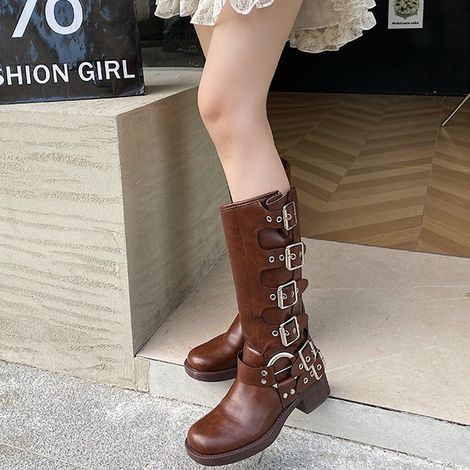 Bottes d'équitation femme, cuissardes à enfiler, bout carré, talon épais, bottes moto tendance avec boucle (1/4)