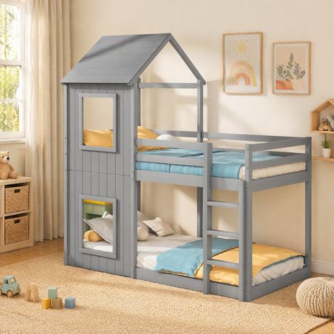 CHICFURN Litera infantil 90x200 cm de madera gris con escalera y techo, sin colchón (1/5)