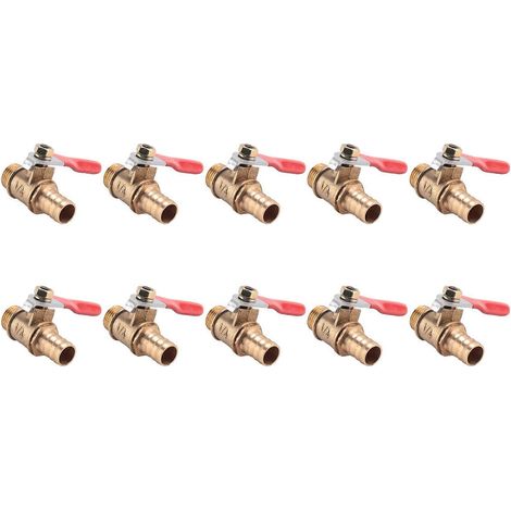 Lot de 10 vannes à bille en laiton à passage intégral, filetage mâle PT 10 mm x 1/4 pouce, avec poignée à levier et embout cannelé.
