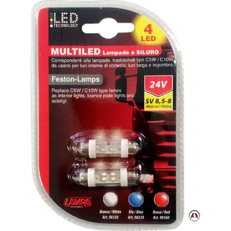 2 Ampoules 4 Leds navette SV85-8 24V blanc - 38mm