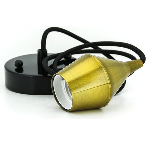 Portalámparas Colgante E27 Dorado con Florón y Cable de Tela Negro