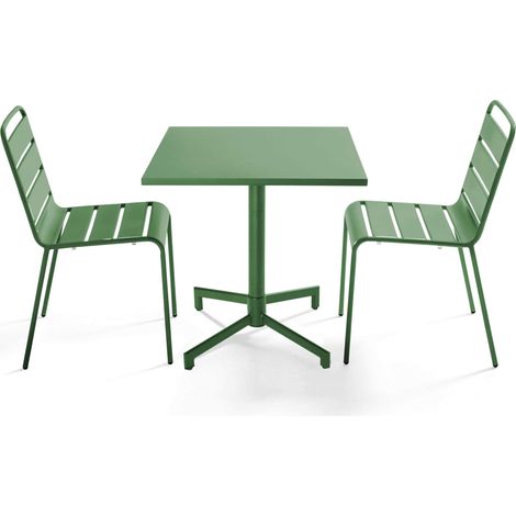 Ensemble table 70 cm et 2 chaises de jardin en métal vert cactus - Palavas (1/5)