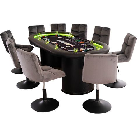 HOME DELUXE - Pokertisch mit 2 Stühlen DOUBLE UP - Tisch mit LED Beleuchtung u. Getränkehalter, Maße: 215 x 106 x 78 cm, Stuhlfarbe: Hellgrau I Spieltisch Poker Tisch  LED-Pokertisch Pokertisch Pokert
