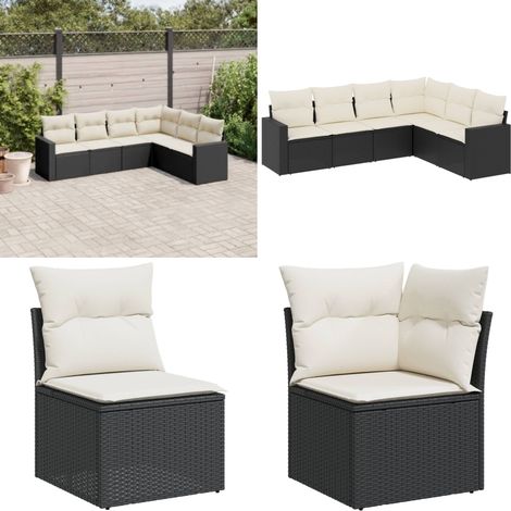 Set de sofás de jardín 6 piezas y cojines ratán sintético negro - Cojines para sofás - Ratán sintético