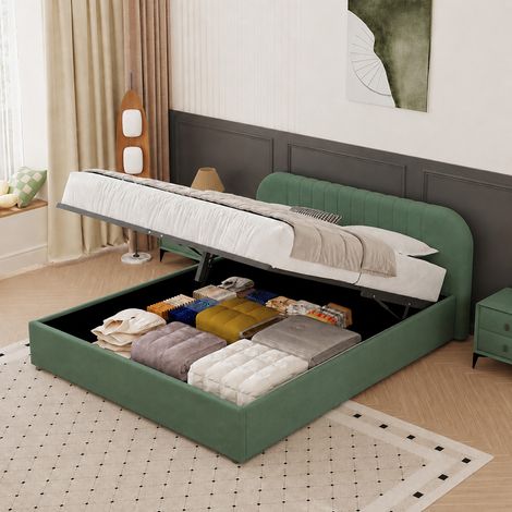 Lit avec coffre de rangement 160x200cm en velours vert IRVINE (1/5)