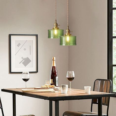 Suspension avec Abat-jour en Verre Strié Rond, Lampe Suspendue de Plafond Industrielle Rétro Loft Bar E27 pour Chambre Salle à manger Cuisine (Vert)
