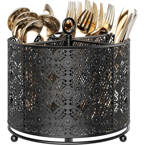 Panier à ustensiles rotatif à 360° – Support de couverts avec 4 compartiments – Organiseur de couverts surélevé avec poignée pour fête, cuisine, comptoir de bureau, noir (1/5)