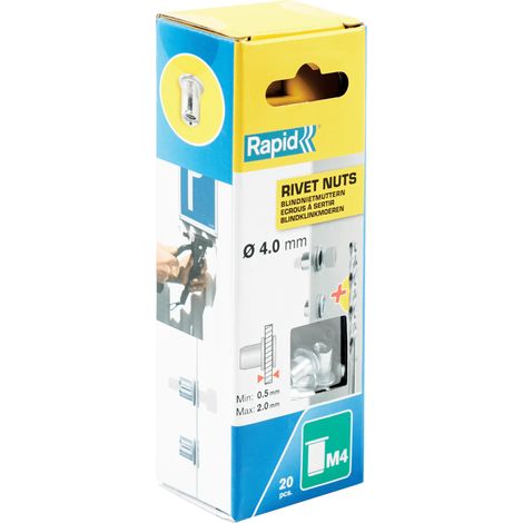 RAPID - M4 - Écrous à sertir pour vis Ø4mm, fixation métalique solide - Blister de 20 + 1 Forêt Ø6mm - (5000671)