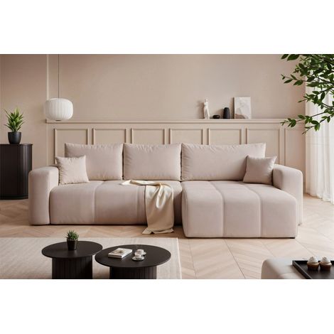 Ecksofa Schlafsofa Sofa LEROS XL in Stoff Manila Beige Ottomane Rechts