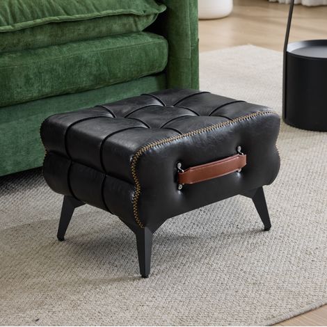 Poggiapiedi 43x33x30 cm in similpelle e metallo nero con maniglia per interni - MEUBLIV (1/5)