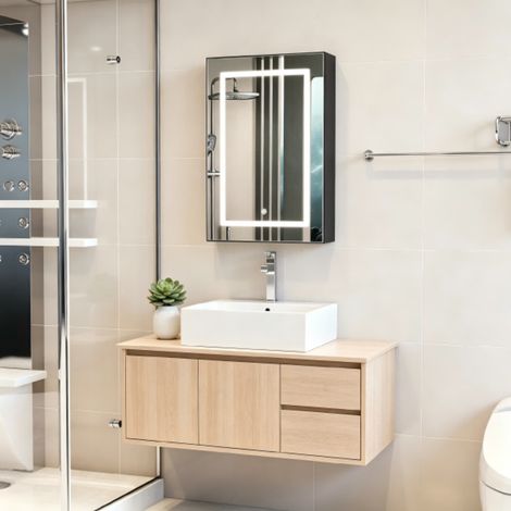 Armoire à Miroir Mural 70x50x12.5 cm avec Interrupteur Tactile,Salle de Bains Armoire avec 1 portes,Grand Meuble de Rangement,Anti - Buée Gradateur, blanc