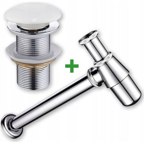 Set: tappo in ceramica click-clack senza troppopieno + sifone per lavabo bianco (1/5)