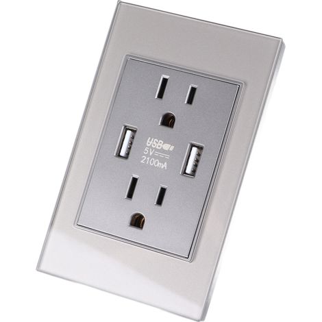 Prise USB standard américaine série 118, 2,1 A, panneau en verre trempé, fiche USB, prise américaine 110-220 V, grise (1/5)