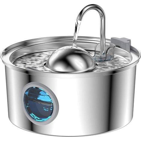 Fontaine à eau pour chat en acier inoxydable de 3,2 L avec indicateur de niveau d'eau, forme hémisphérique et filtration multiple.