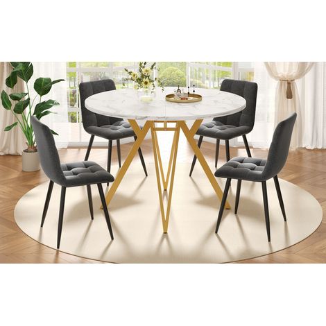 Ensemble table à manger ronde 5 pièces 100 cm diamètre pieds métal doré plateau marbre MDF,chaises grises design moderne.