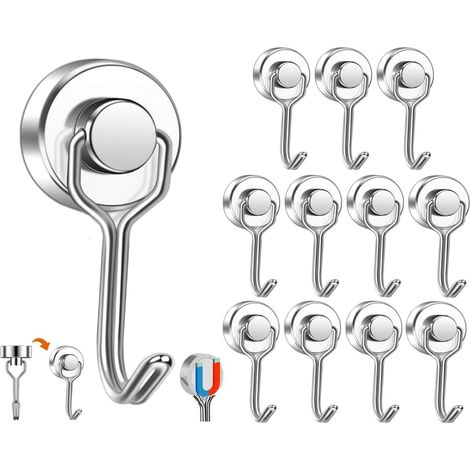 Crochets Magnétiques, 12 Pièces Aimantés crochets Magnétiques en Néodyme, Crochet Magnétique Rotatif, Aimant Crochet, pour Cuisine, Salle de Bain (Argent) - (1/5)