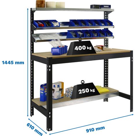 SimonRack Banco da Lavoro con 3 Ripiani Superiori – Portata 400 kg – 1445x910x610 mm – Postazione Officina Fai da Te – Antracite/Legno – Bt-1