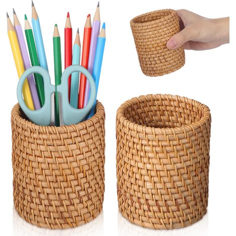 Lot de 2 Pots à Crayons en Rotin Naturel Fait à la Main, Porte-Crayon En Osier Rotin Style Bohème, Porte-Stylo Tressé pour Maison et École, Rangement Pinceaux de Maquillage, Ø 7,5 x 10 cm (1/5)