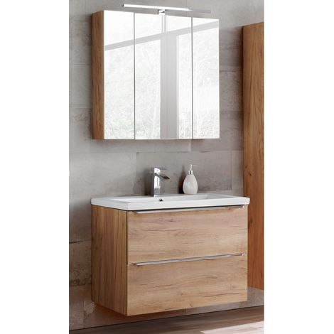 Badmöbel Set mit LED-Spiegelschrank, 80cm Keramik-Waschtisch TOSKANA-56 Wotaneiche BxHxT ca. B/H/T: 80/190/46cm (1/5)