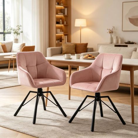 Lot de 2 chaises de salle à manger pivotantes en velours rose avec accoudoirs et dossier en métal (1/5)
