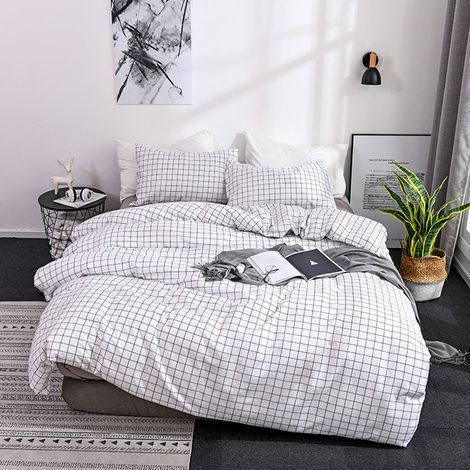 Housse De Couette - 135 X 200 Cm - Microfibre - Motif Carreaux Noirs Et Blancs - Avec 2 Taies D Oreiller 75 X 50 Cm (1/5)