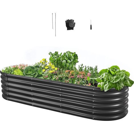 Potager Surélevé Métal 200x60x42 cm Carré Potager Surélevé Galvalume Lit de Jardin Ovale Bac de Jardinage Fond Ouvert pour Culture Légumes Fleurs Herbes Aromatiques Plantes Grasses, Gris Foncé (1/5)