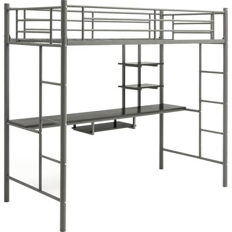 Goplus – Lit mezzanine en métal avec bureau – Construction en acier robuste – Garde-corps de sécurité – 2 échelles latérales – Dimensions 200x95x180,5cm