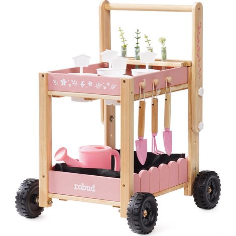 Outil de jardin pour enfants avec chariot en bois, kit de jardin avec arrosoir, pelle, râteau, pots de fleurs et tubes hydroponiques, outils de jardin éducatifs pour garçons et filles (1/5)